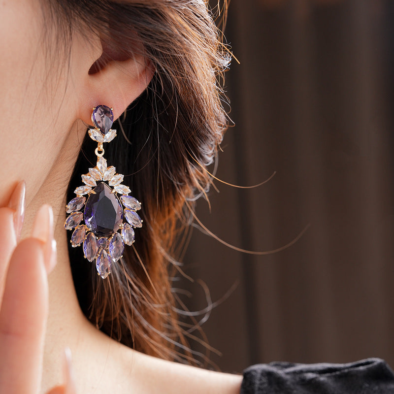 Medieval vintage Zircon Earrings Silver Needle Exaggerated Heavy Craft Flower Water Drop Studs Light Luxury High-end Feel Earrings for Women