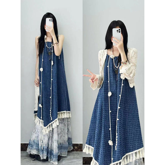 Vintage Design Summer Denim New Tassel Strap Dress for Female Students Hollow Out Sunscreen Cardigan Two-Piece Set