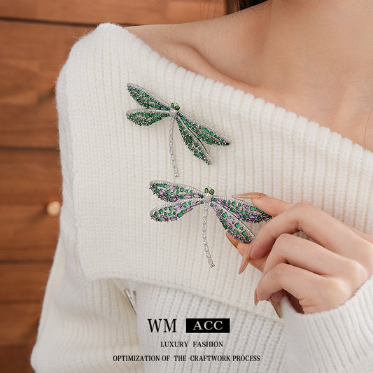 Green Zircon Hollow Dragonfly Brooch Light Luxury High-end Sense Elegant Brooch Fashion Unique Design Sense Accessories Wholesale