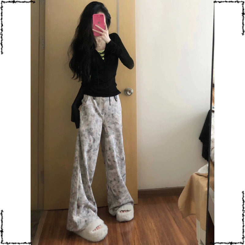 American Retro Tie-Dye Print Casual Wide-Leg Jeans for Women Loose High-Waist Draped Floor-Length Pants Summer Hot Sale