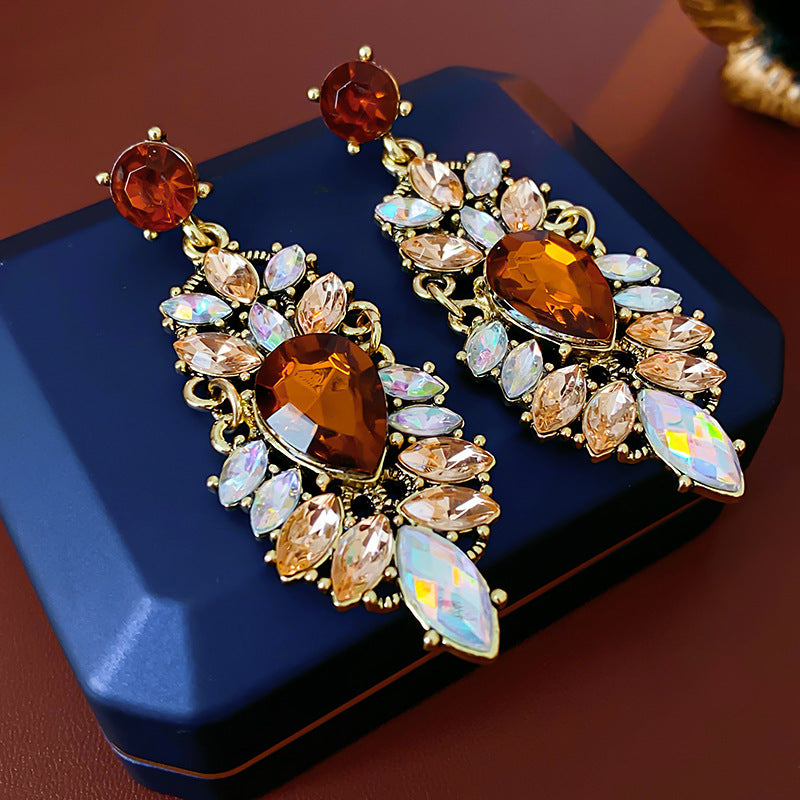 Medieval vintage Zircon Earrings Silver Needle Exaggerated Heavy Craft Flower Water Drop Studs Light Luxury High-end Feel Earrings for Women