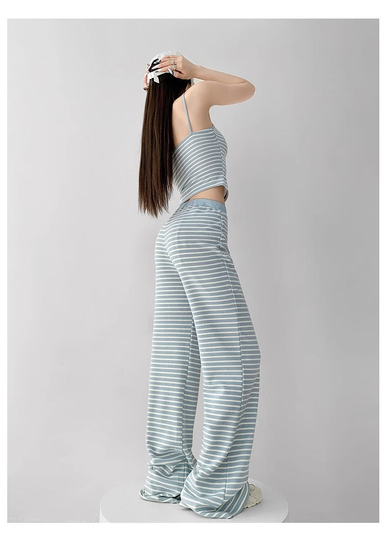 Home Lazy Relaxed Striped Slimming Wide-Leg Pants for Women Summer Hot Girl Fashion Camisole Vest Casual Two-Piece Set