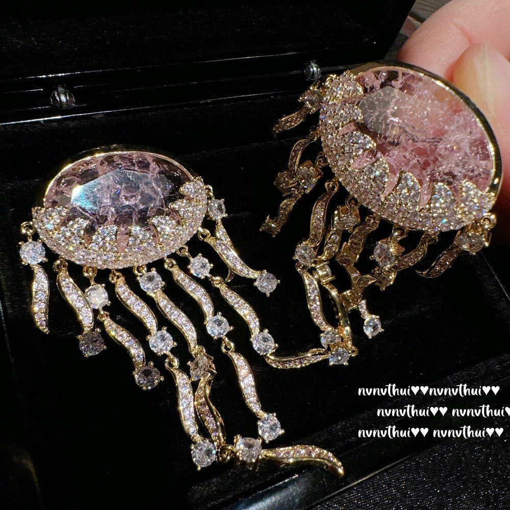 Sparkling Paphos Cloud Pattern Jellyfish Tassel Gemstone Earrings The Joy of a Rich Woman Egg-shaped Princess Pink Earrings
