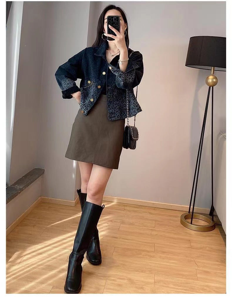 Black Vintage Leopard Print Denim Jacket for Women Fashion Short Coat Autumn Women's Clothing2022New Arrival Jacket