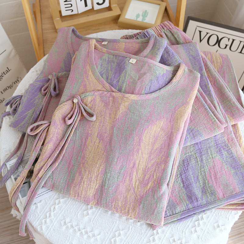 Yarn-Dyed Women's Thin Cotton Jacquard Feather Retro Chinese Style Spring Summer Homewear Loose Pajama Set Dropshipping