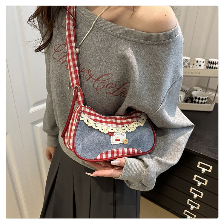 Super Popular Crossbody Bag for Women2025New Plaid Fabric Bag Wrinkled Color-Block Shoulder Bag Popular Commuter Small Square Bag