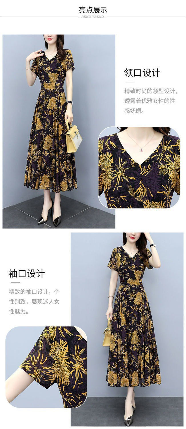 2022Summer New Chiffon Floral Dress Slimming Waist Plus Size Women mm Tummy-Covering Elegant Long Dress