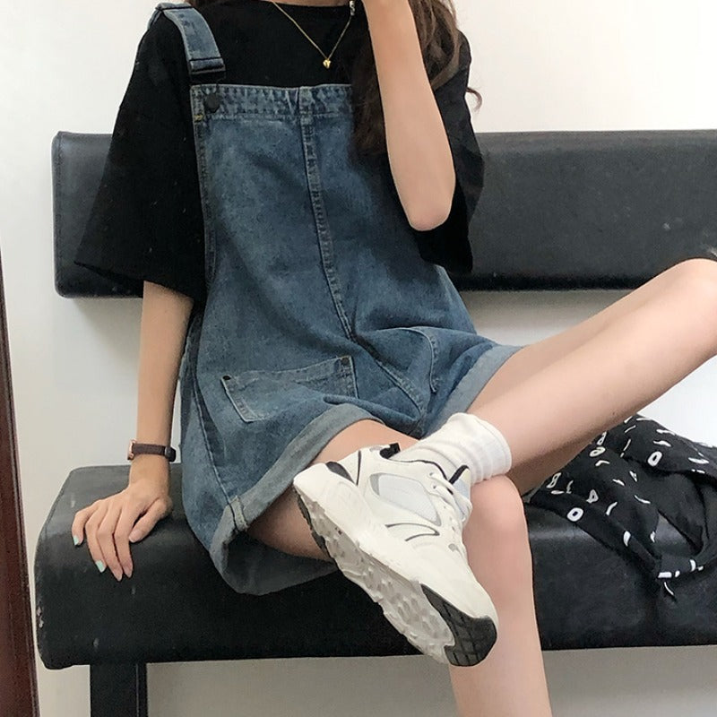 Women's Denim Overalls Summer Thin Loose Slimming Straight Strap Jumpsuit Denim Overalls Shorts