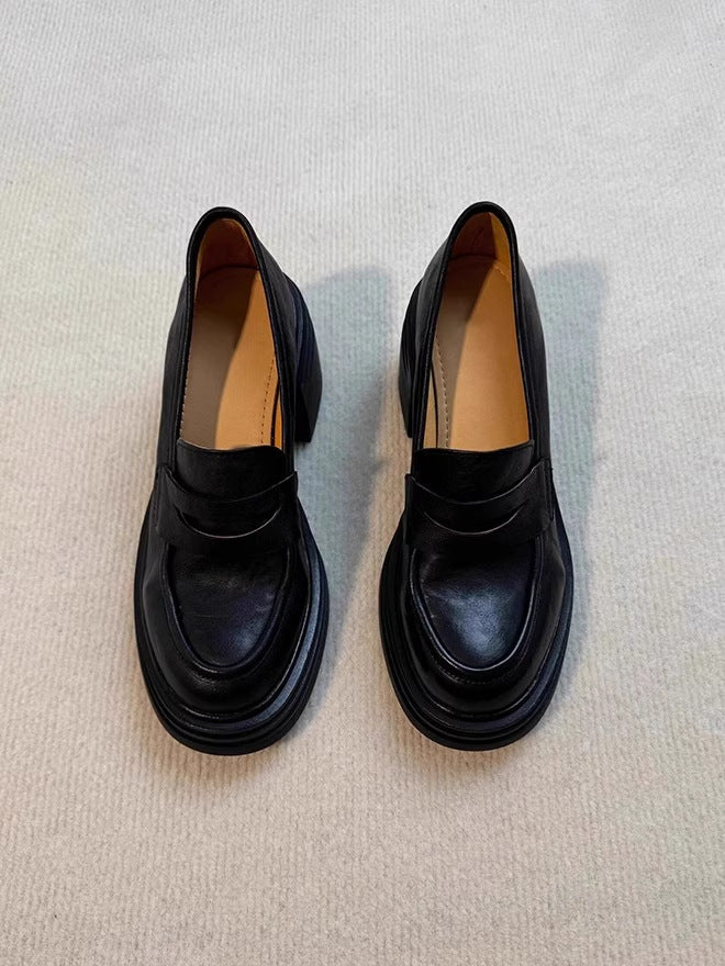 Soft Leather Version~Lancui Thick-Soled Chunky Heel Loafers for Women, Retro Style, Height-Increasing Slip-On Simple Leather Shoes for Petite Women