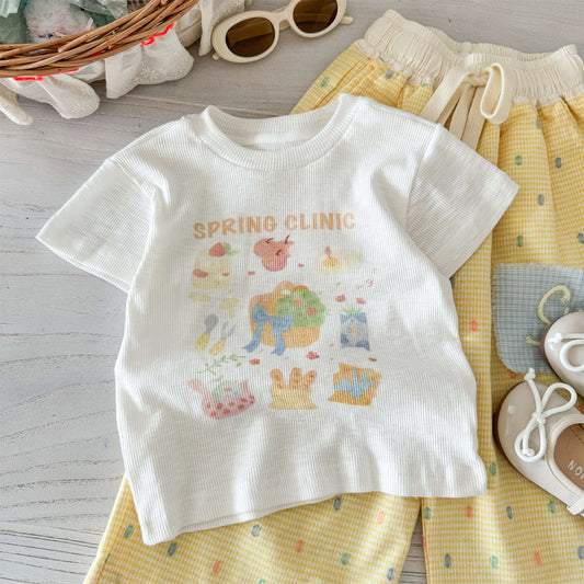 Sweet Little Girl Summer Outfit Set New Korean Version Cartoon Print Short Sleeve T T-shirt and Wide-leg Pants Two-piece Set for Baby Girls