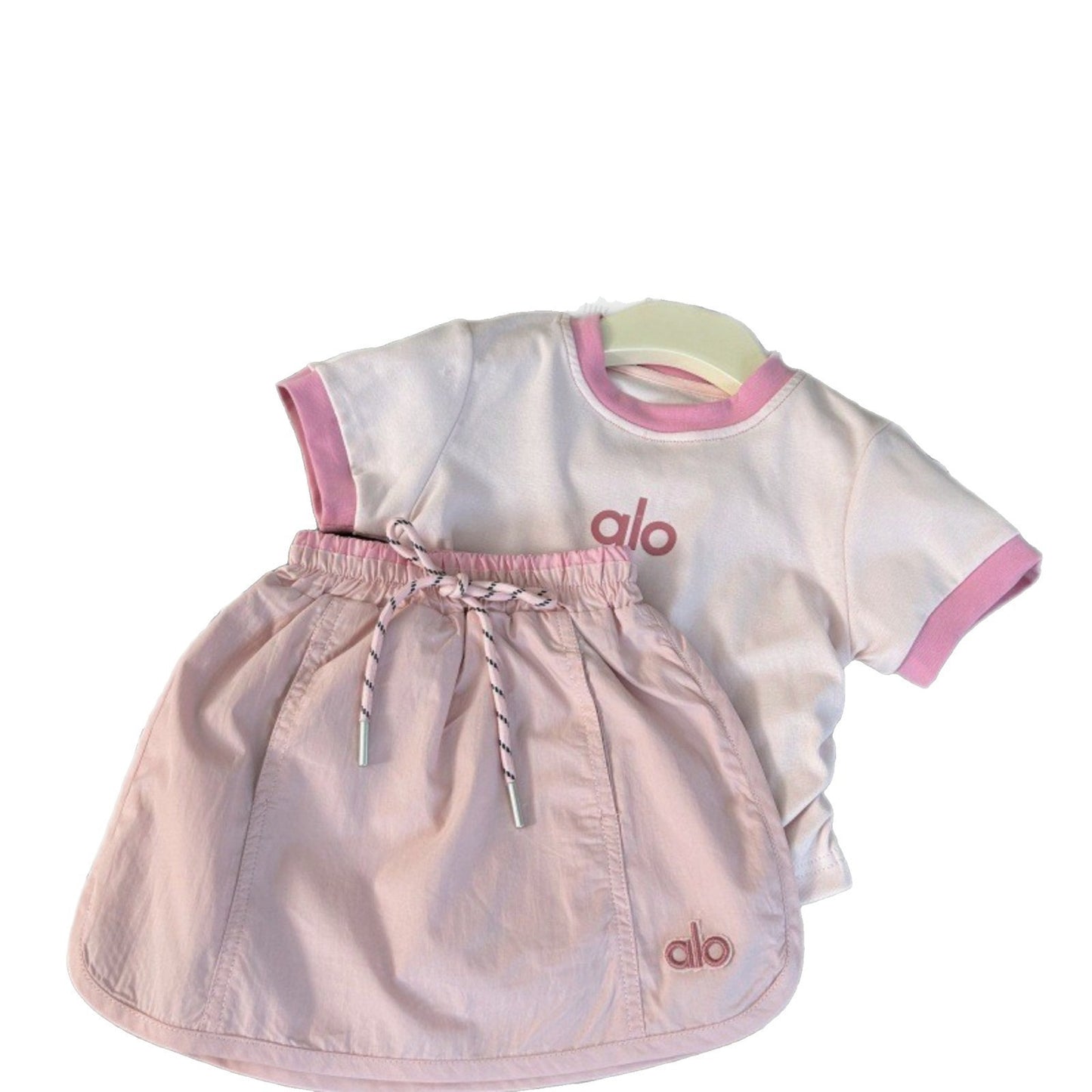 Sweet Little Chef Children's Clothing25New Summer Girls Color Block Letter Short Sleeves T Trendy Pink Skirt Pants Two-Piece Set for Children