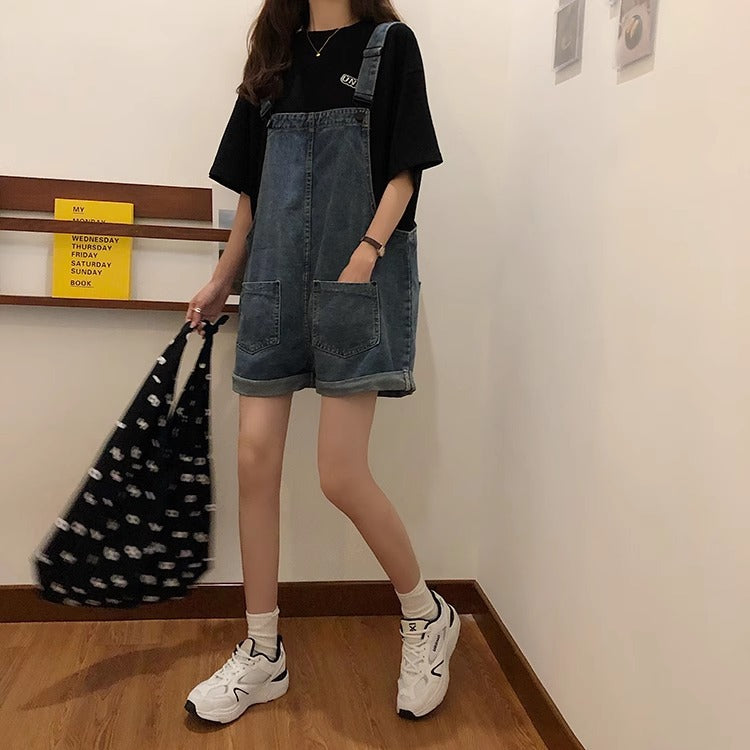 Women's Denim Overalls Summer Thin Loose Slimming Straight Strap Jumpsuit Denim Overalls Shorts