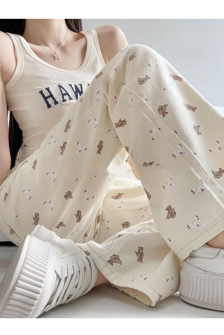 Yuejiaoer Original American Style Cartoon Bear Print Jeans for Women New Flared Loose Straight Wide-Leg Floor-Length Pants