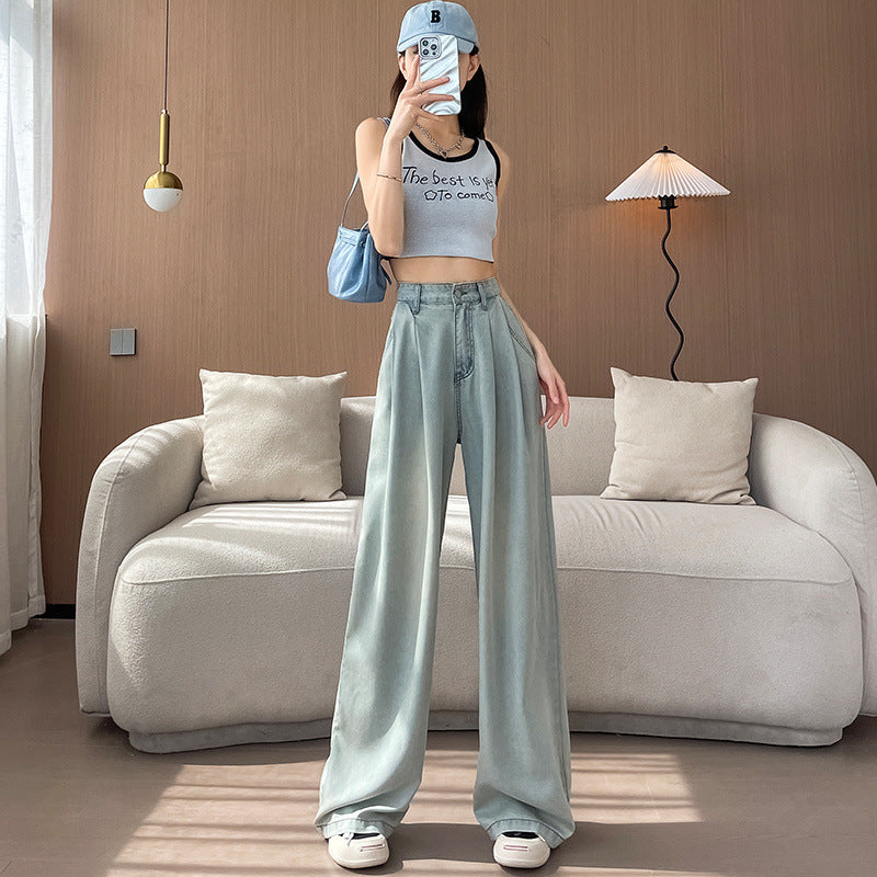 Light Color Tencel Wide Leg Jeans Women Summer Thin High Waist Draped Slimming Design Sense Ice Silk Straight Floor Length Pants