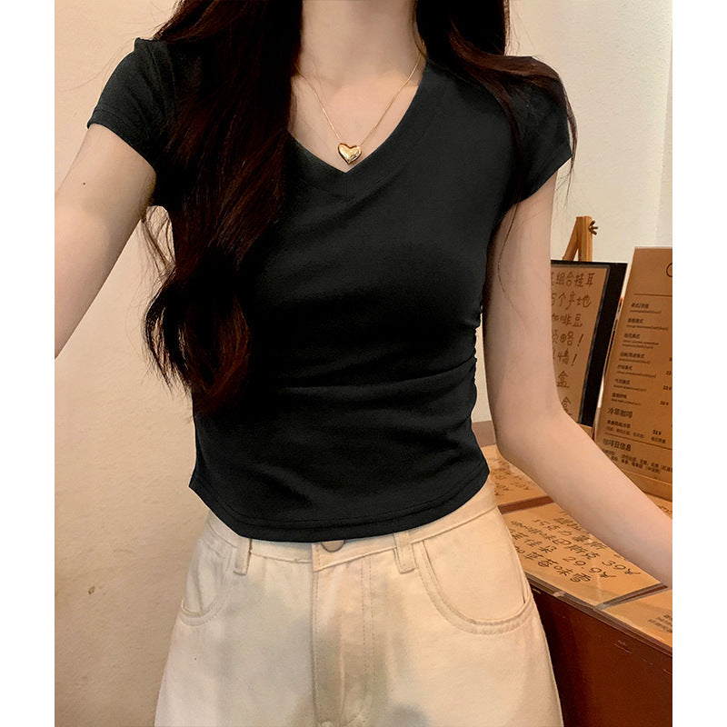 White Slim Fit Ruched t Women's Summer T-shirt2024New design with a structured shoulder and waist-cinching effect for a slimming look V Collar Short Sleeve Top