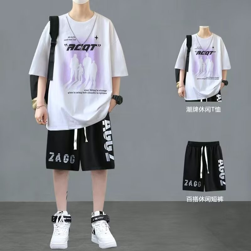 Summer Teenage Suit Boys Short Sleeve T T-shirt Short Sleeve New Style High School Student Trendy Casual Sports Two Pieces