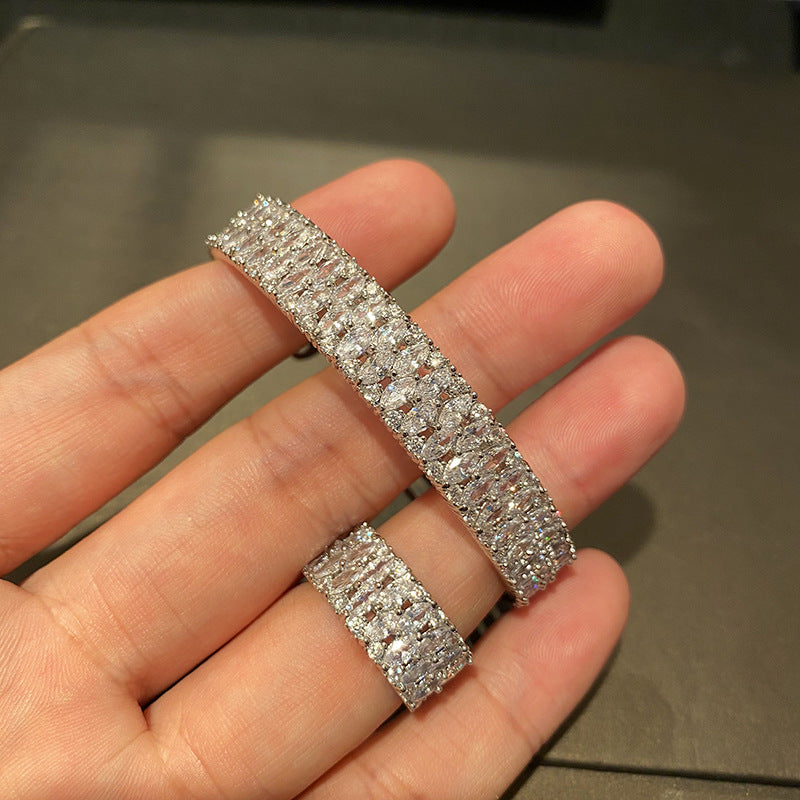 White gold Full Diamond Wide Band Row Diamond Bracelet Ring Narrow Band Simple Fashion Versatile Evening Party party Bracelet