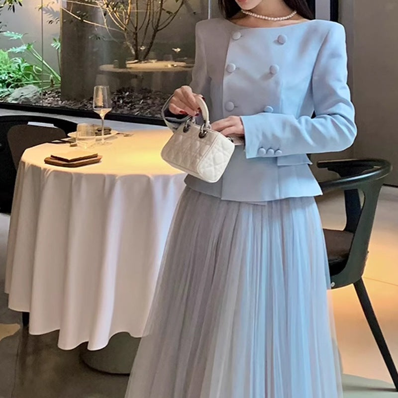 Fashionable Scarlett2025Super Popular Spring Outfit Set for Women: Top, Jacket, Half Skirt, Round Neck, Socialite Style