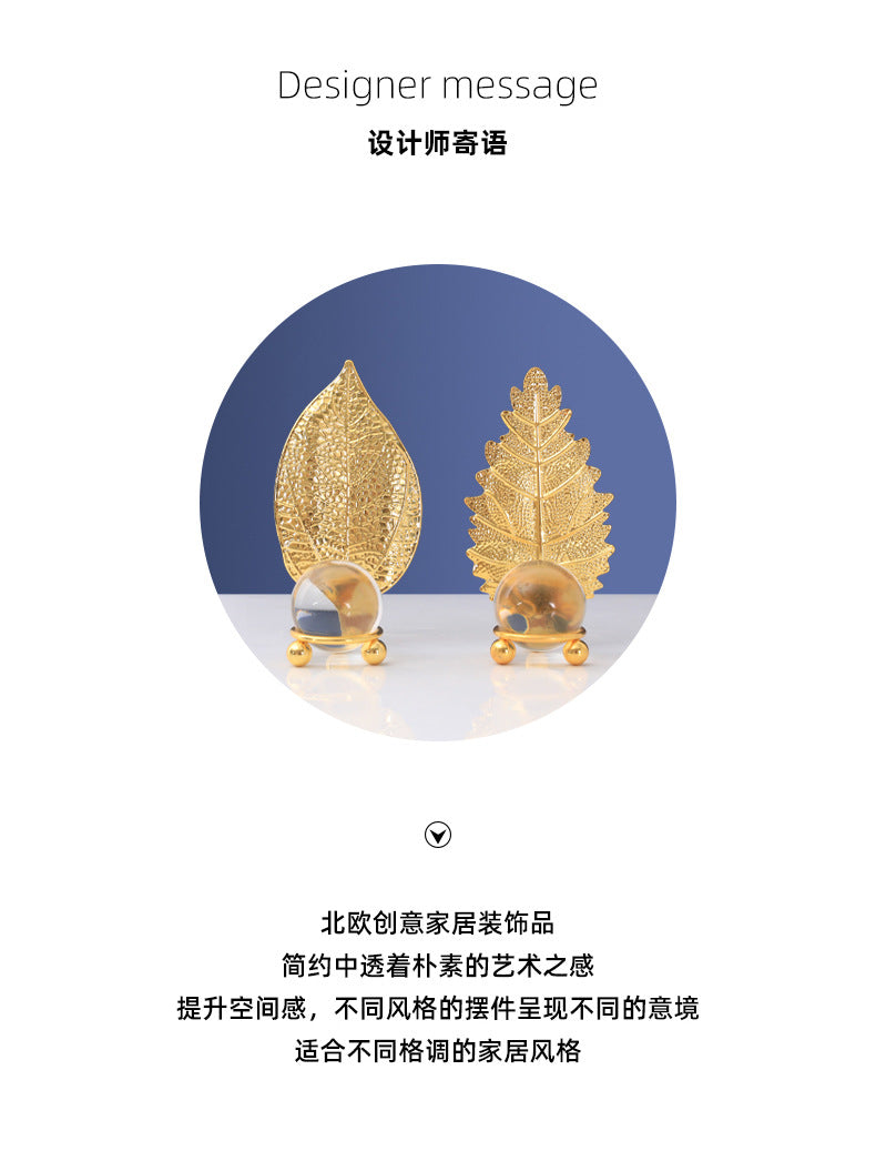 Nordic Light Luxury Metal Leaf Crystal Ball Ornament for Study Room Bookshelf Wine Frame Model Room Entrance Decoration Ornament