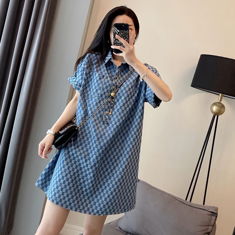 2-300Jin Fat mm Denim Blue Dress for Women Summer New Large Size Mid-Length Loose Short Sleeve T T-shirt Skirt