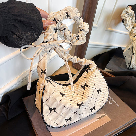 Sweet Bow Plaid Single Shoulder Underarm Crescent Bag2024Autumn new simple casual large capacity handbag