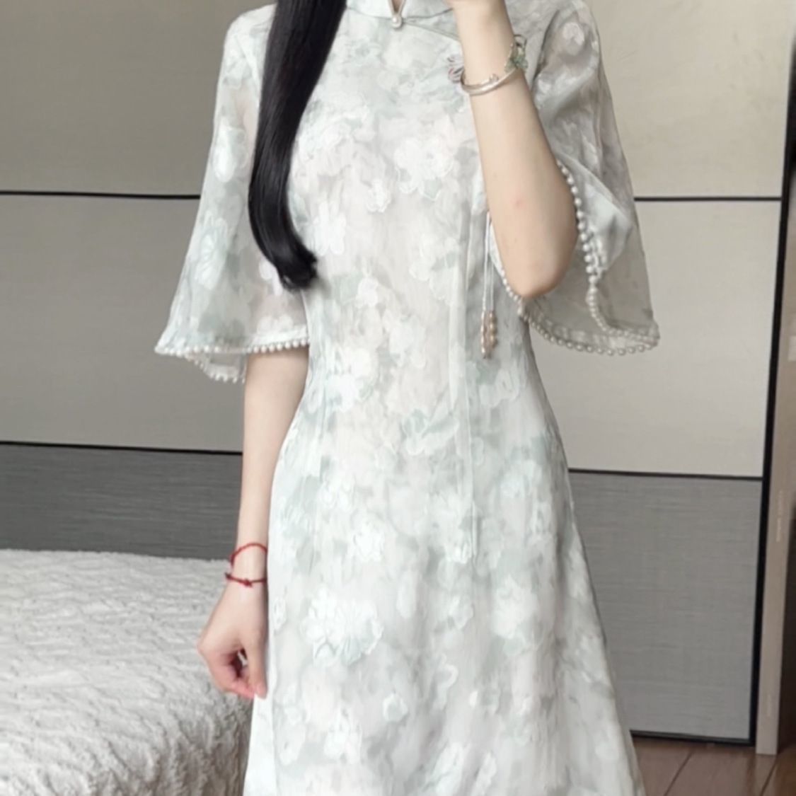 Matcha2024New Summer Style Fresh Elegant Improved Cheongsam Long Daily Youth Dress