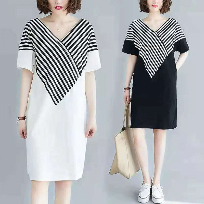 Korean Style Mid-Length Short-Sleeve Striped Patchwork Skirt, Belly-Covering, Slimming, Plus Size, Loose-Fit, Casual V Women's Trendy Collared Dress