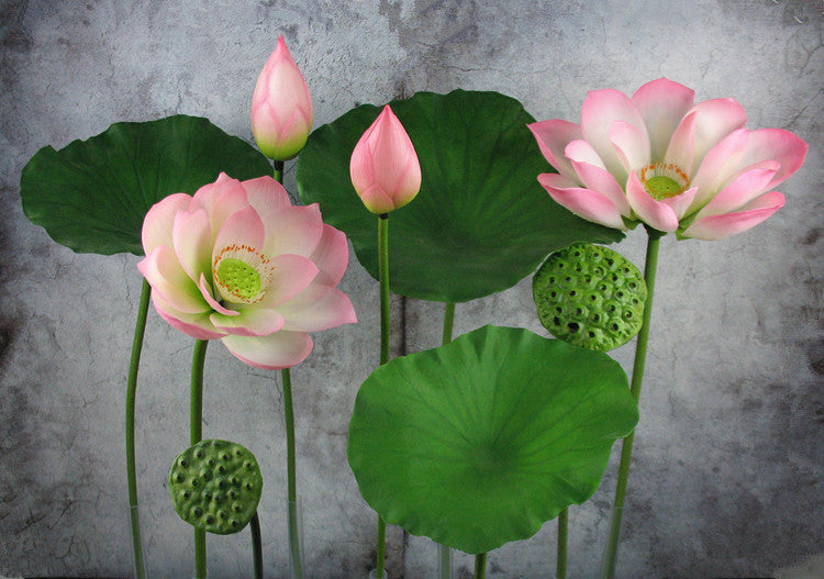 PU Lotus Leaf with Stem Artificial Lotus Leaf Lotus Bud Lotus Pod Chinese Countryside Style Buddhist Hall Decorative Flower Directly from Manufacturer
