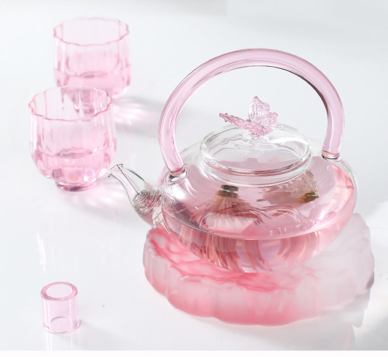 Teapot with Pink Handle Butterfly Teapot High Borosilicate Heat-Resistant Glass Teapot Electric Ceramic Stove Special Tea Brewing Teapot Flower Tea Teapot