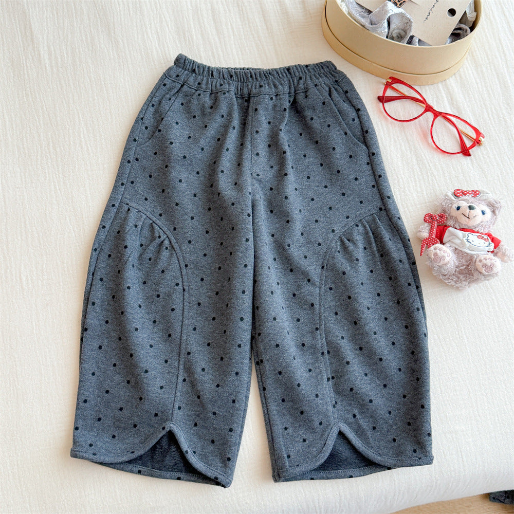 Sweet Little Girl Korean Style Set Autumn New Children's Back-to-School Stylish Lace Polka Dot Vest Wide-Leg Pants Three-Piece