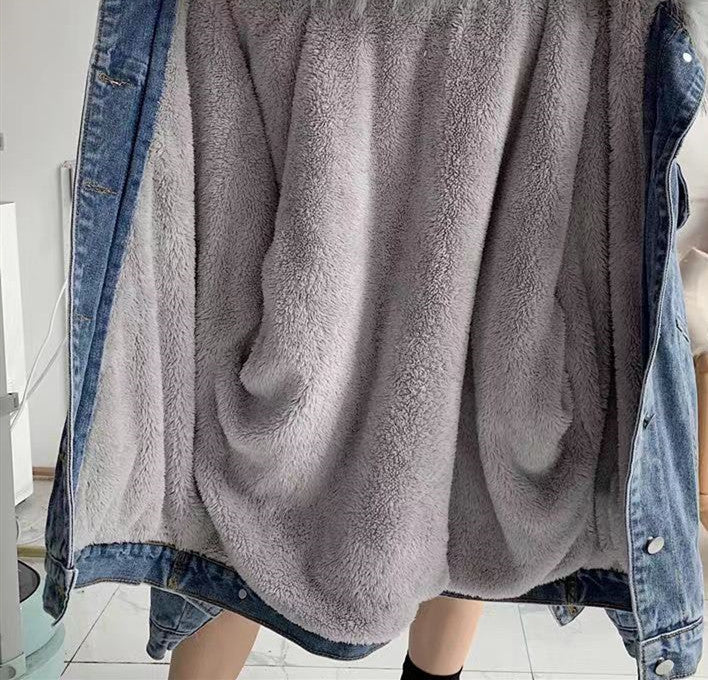 Cross-Border2022Winter New Korean Style Loose Thickened Fleece Rabbit Fur Inner Large Fur Collar Denim Jacket Women's Cotton Coat