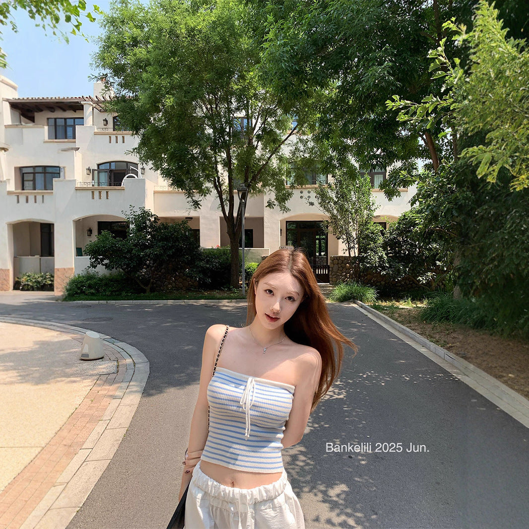 Chestnut Cocoa Bankelili'Blue Coastline'High-Level Spicy Girl Knitted Striped Tube Top Vest for Women Pure Desire