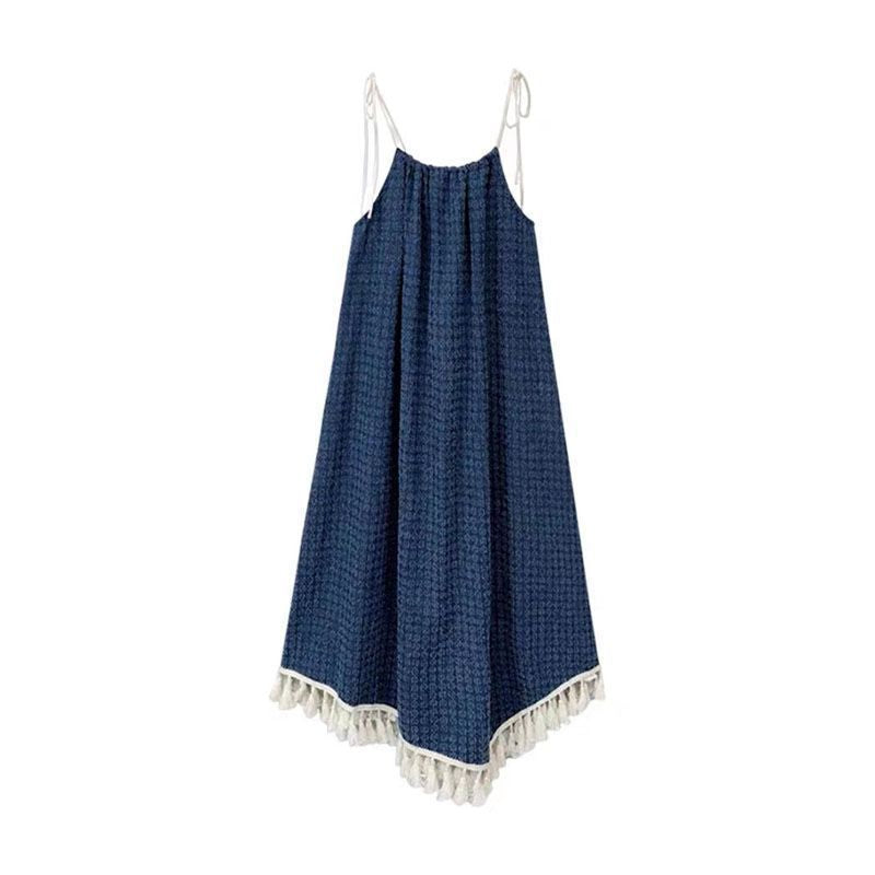 Sweet Style Irregular Denim Strap Dress Set for Women with Tassels a Long Skirt Thin Hollow Knit Cardigan
