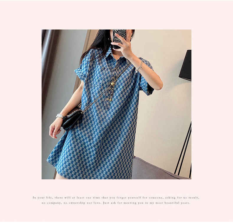 2-300Jin Fat mm Denim Blue Dress for Women Summer New Large Size Mid-Length Loose Short Sleeve T T-shirt Skirt