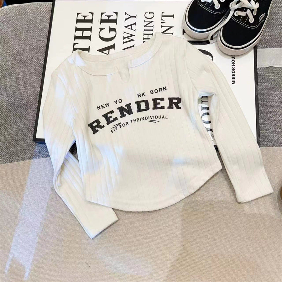 Sweet Little Girl's Base Shirt Autumn New Lace Trim Vertical Stripes Solid Color Top Baby Girl Elastic Long Sleeve