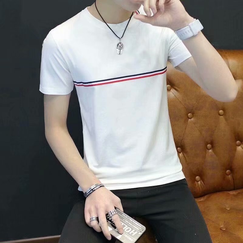 2025Cross-border Trade Summer New Style for Teenagers N Men's Short Sleeve Color Block Crew Neck Trendy Half Sleeve t Shirt Top