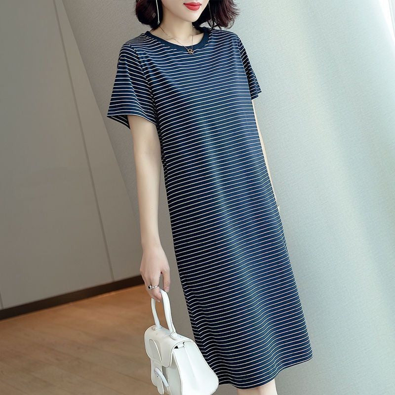 Summer Waist-Cinching Dress Plus Size Middle-Aged and Elderly Mom Outfit Mid-Length Striped Short Sleeve T Women's T-shirt Skirt Cross-Border Wholesale