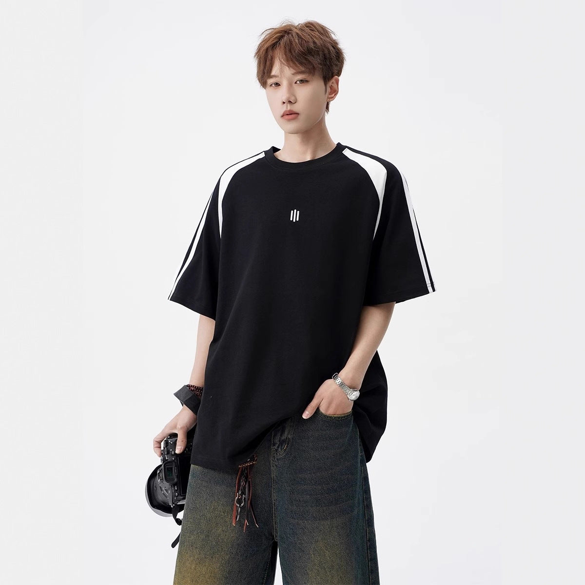 2025New Trendy Ice Silk Short Sleeves t Men's Round Neck Pullover Top Summer American Style Heavy Loose T-Shirt