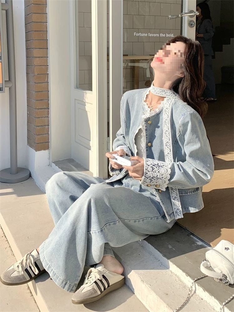Lace patchwork denim wide-leg pants set for women spring and autumn2025The new two-piece set is absolutely stunning and super trendy