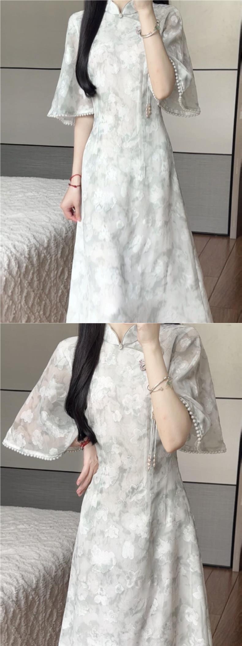 Matcha2024New Summer Style Fresh Elegant Improved Cheongsam Long Daily Youth Dress