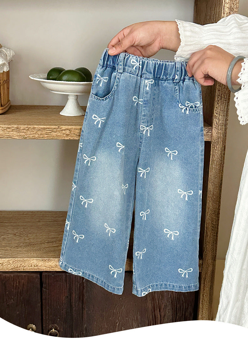 Girls' Pants Bowknot Print Jeans Wide Leg Straight2025Autumn New Fashionable and Stylish for Girls and Young Children