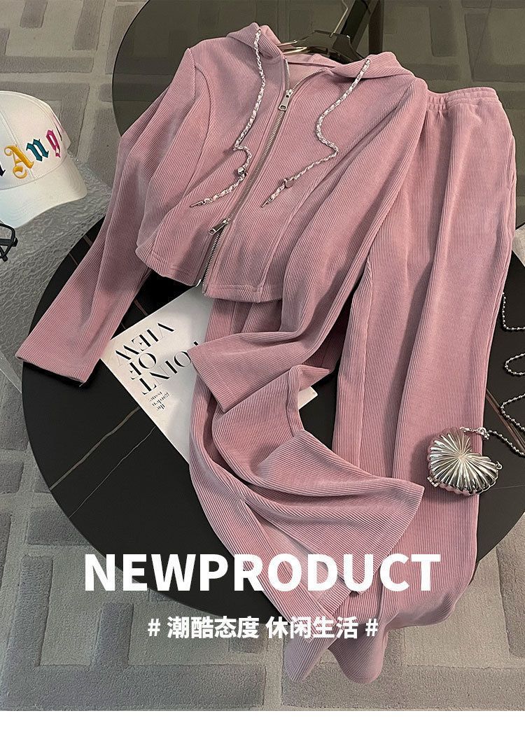 Casual Sports Suit for Women, Spring and Autumn New Loose Short Hooded Top with Draped Split Wide-Leg Pants Two-Piece Set