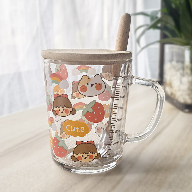ins Glass Cup with Straw Milk Breakfast Cup Cute Cartoon Graduated Cup with Lid Spoon Gift Customization logo