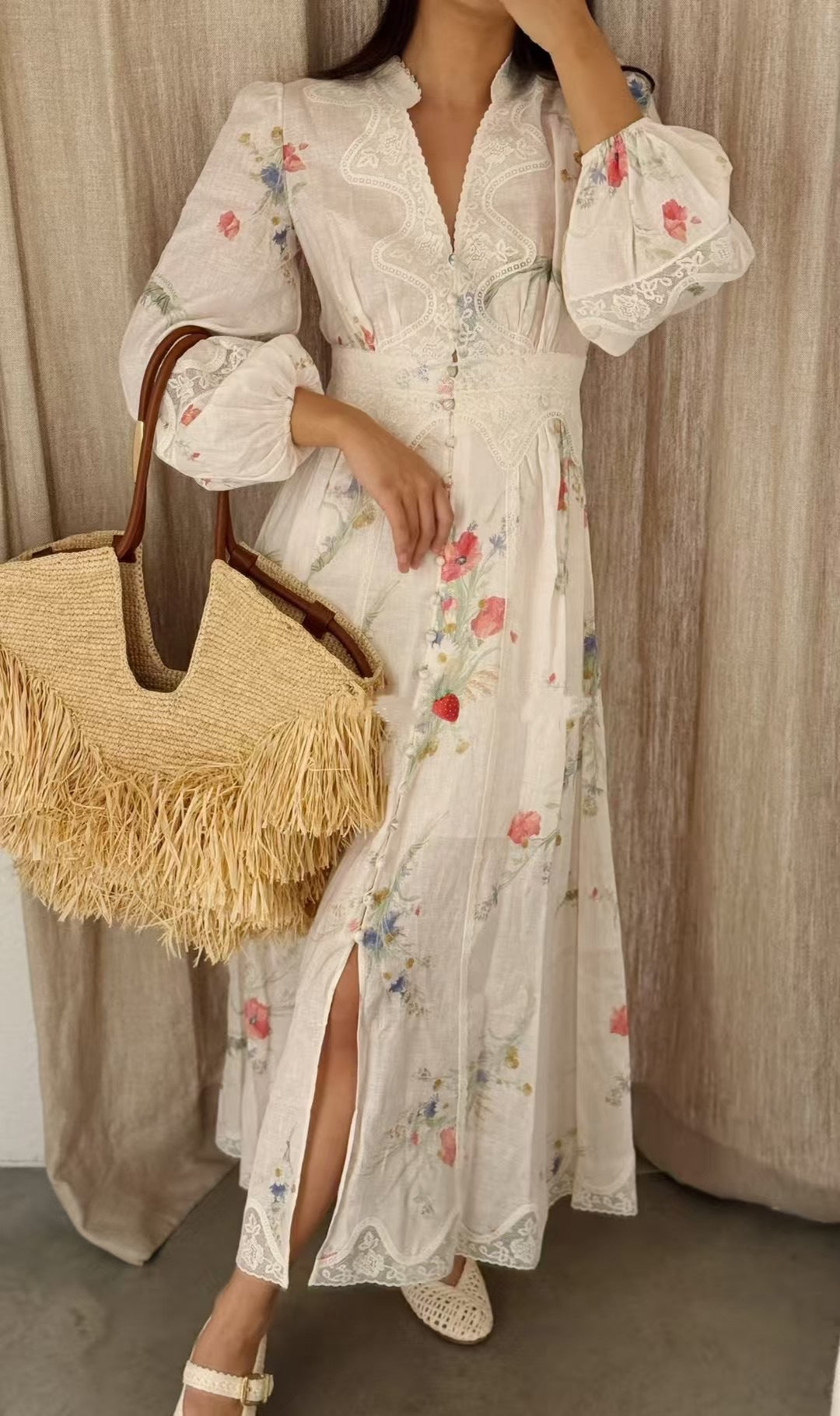 2025Spring and Summer European and American Cross-Border Palace Retro Style V Collared Waist Lantern Sleeve Printed Long Dress for Women