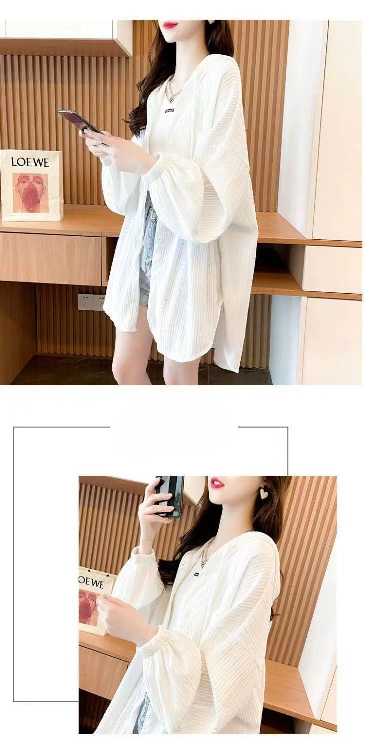 plus Size300White Long Sleeve Sun Protection Jacket for Women, Summer Versatile Mid-Length Loose Cardigan with Hood
