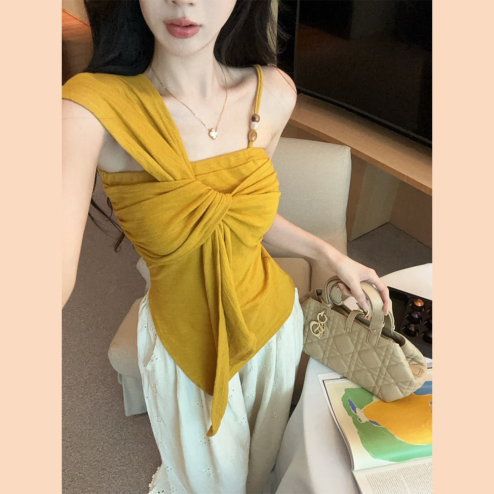 Pure Desire Hot Girl Off-Shoulder Twist t Women's T-shirt2025Summer New Slim Fit Fashionable Unique Design Top