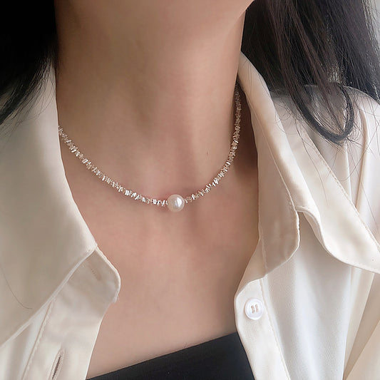 Artificial Fragmented Silver Irregular Pearl Necklace Light Luxury High-end Niche Fashion Choker Collarbone Chain Simple Accessory