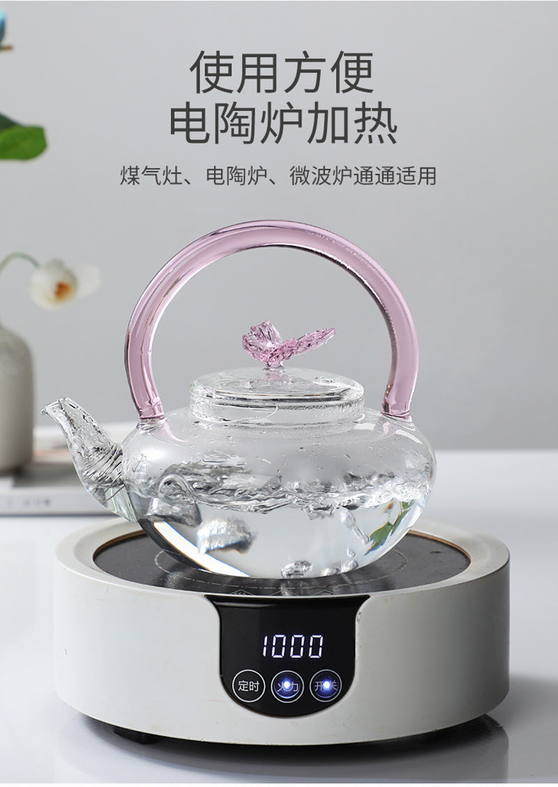Teapot with Pink Handle Butterfly Teapot High Borosilicate Heat-Resistant Glass Teapot Electric Ceramic Stove Special Tea Brewing Teapot Flower Tea Teapot