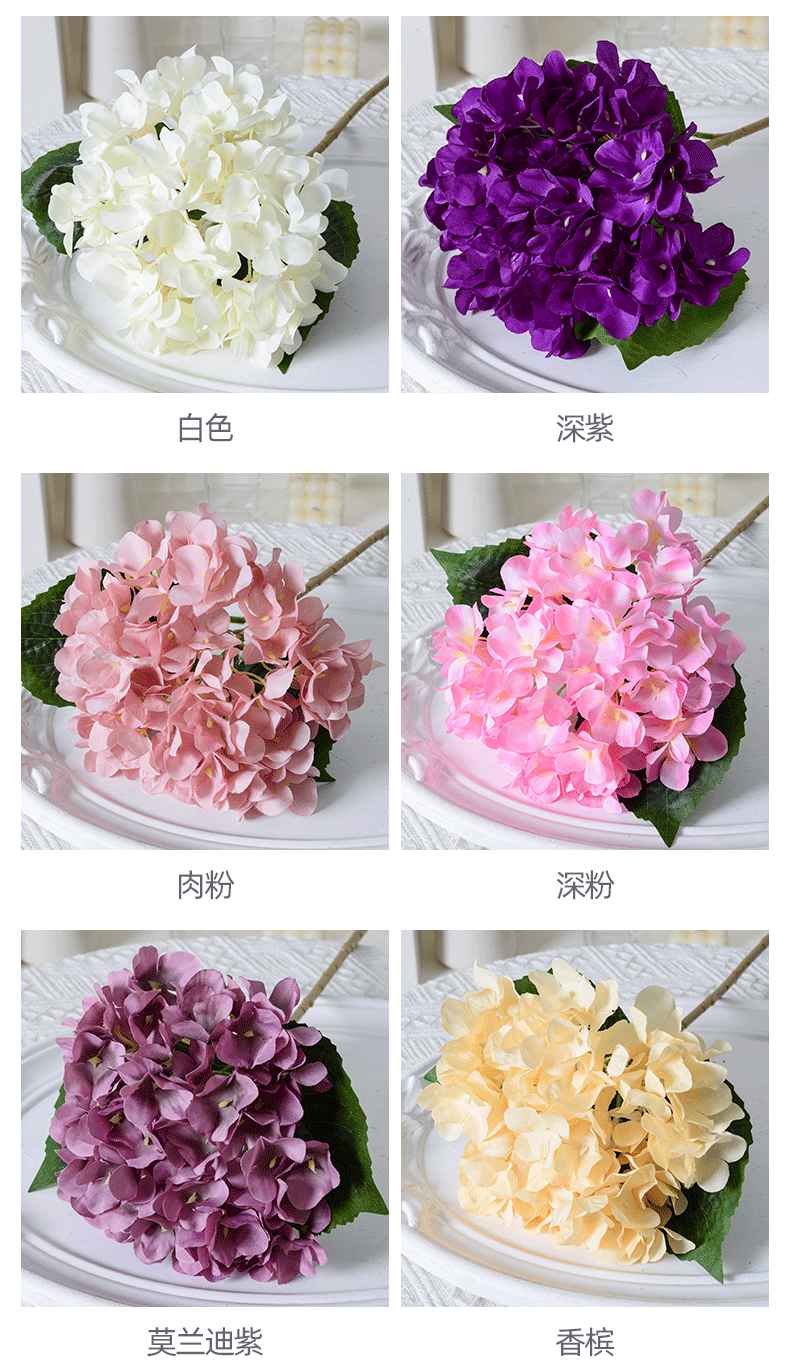 Artificial Hydrangea with Leaves for Wedding Decoration, Artificial Silk Flowers, Archway Flowers, Home Decor Fake Flowers, Single Artificial Flowers
