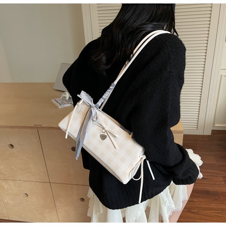Dopamine Plaid Handbag Small Tote Bag for Women Summer2025New Ballet Style Bow Baguette Bag Underarm Bag Trendy
